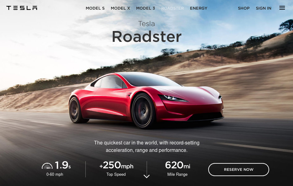 link to Tesla website, (then scroll down) - Tesla Roadster, 0-60: 1.9 sec., top speed: 250 mph